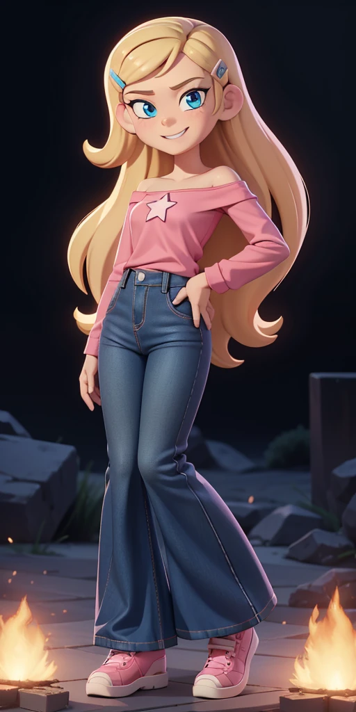 score_9, source_cartoon, masterpiece, best quality, 1girl, solo, Kelly Marra, looking very happy, long hair, blonde hair, cute blue eyes, hair ornament, white long sleeves, hairclip, flare blue pants(Wide flares on pants:1.2), pink shoes, off shoulder, white star (symbol) in the middle of the shirt, Pink t-shirt,