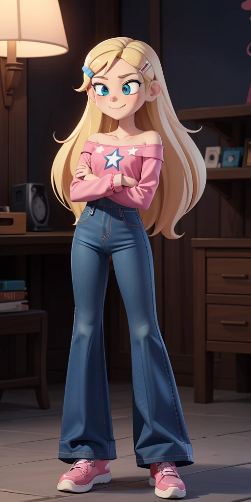 score_9, source_cartoon, masterpiece, best quality, 1girl, solo, Kelly Marra, looking very happy, long hair, blonde hair, cute blue eyes, hair ornament, white long sleeves, hairclip, flare blue pants(Wide flares on pants:1.2), pink shoes, off shoulder, white star (symbol) in the middle of the shirt, Pink t-shirt,