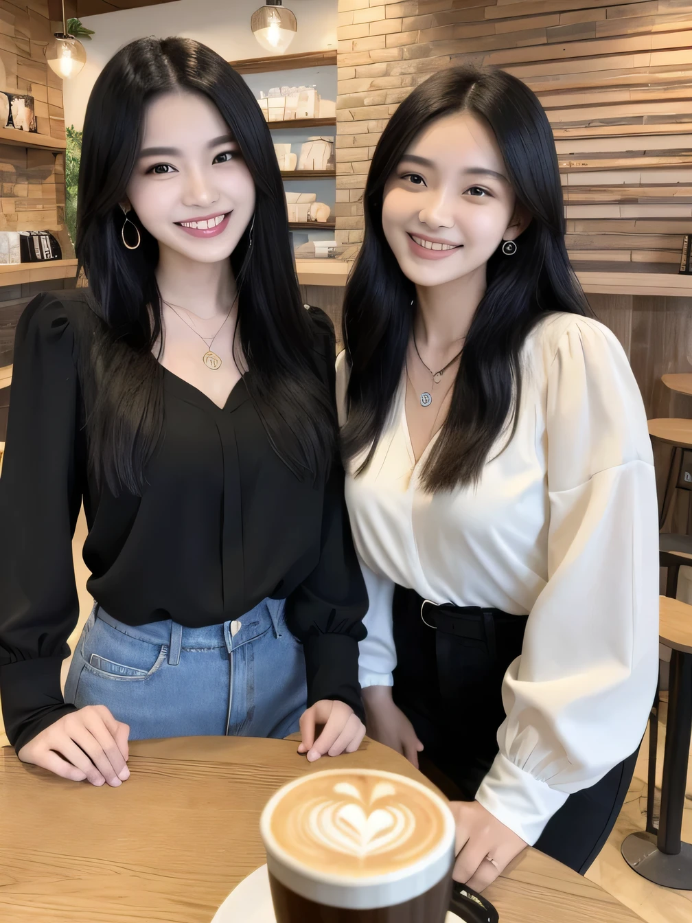 Two beautiful women standing side by side、、 smile、Beautiful teeth alignment、Black Hair、ear piercing、Necklace around the neck、Long sleeve blouse、The background is a coffee shop

