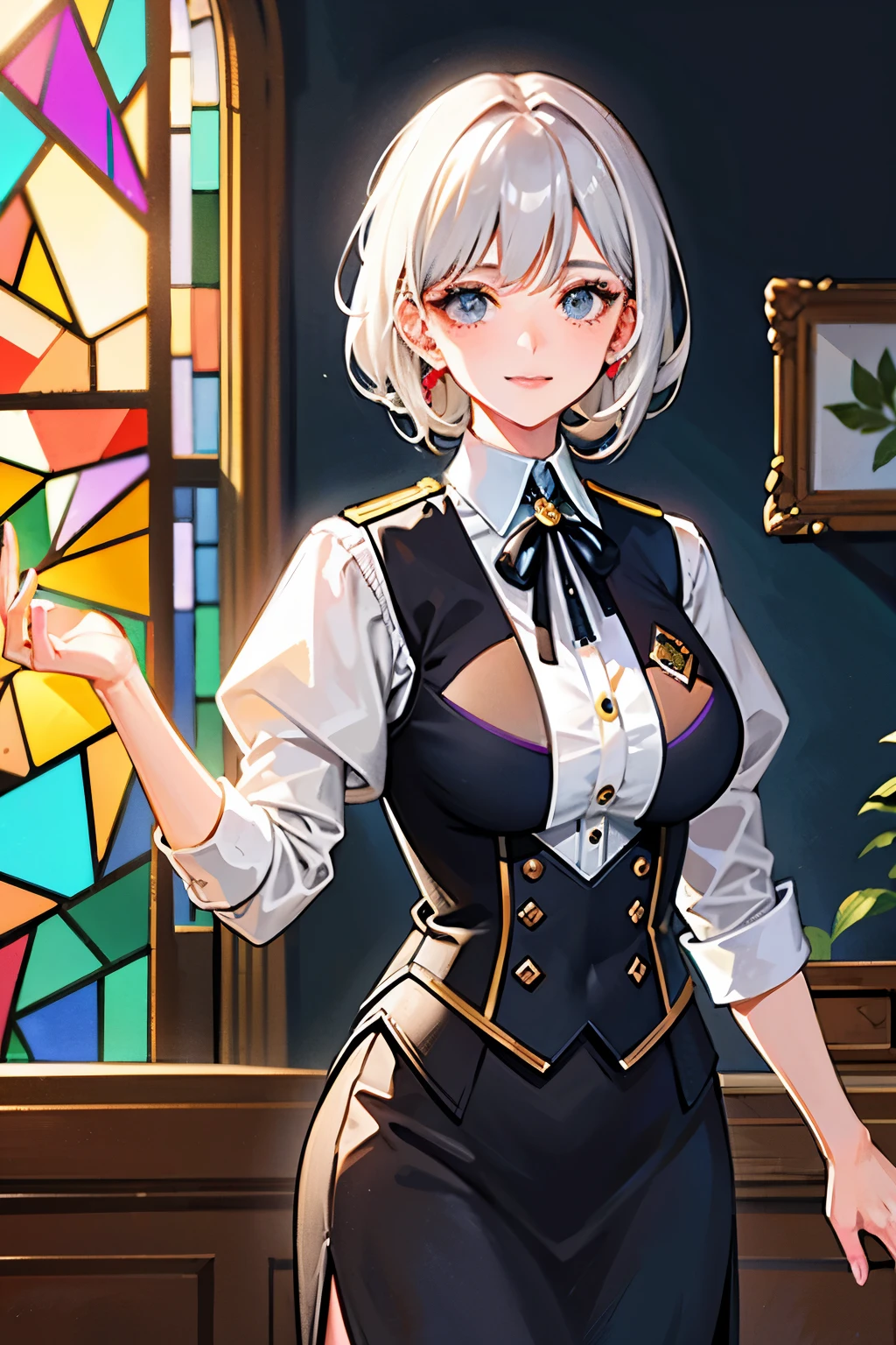 Women's Guild Attendant -- S2
(Actual), Masterpiece, Best quality at best,
In a vintage setting, the attendant is a picture of dedication,
With a crisp uniform, the fabric holds a timeless charm,
Pinned badge and dignified posture, she exudes a sense of authority,
A close-up of her face reveals wrinkles of wisdom and experience,
Her short, graying hair is neatly styled, framing a relaxed smile,
Colorful stained-glass windows cast a warm, kaleidoscopic glow,
The background is filled with detailed paintings of women's guild history,
A bustling crowd is