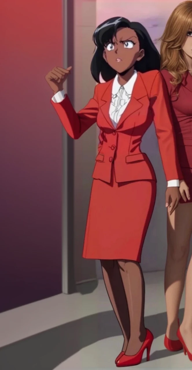 90s anime Evil black skinned business woman in a red suit and long red skirt and red heels and long red sleeves 