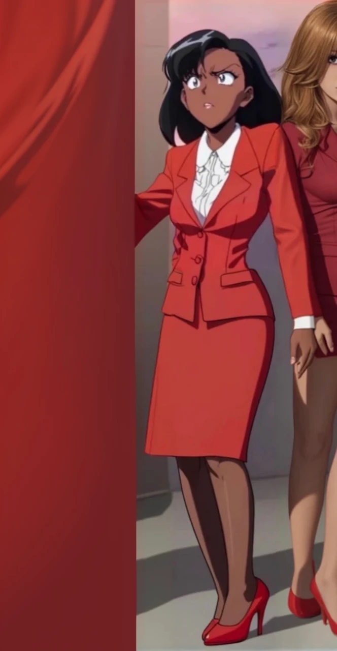 90s anime Evil black skinned business woman in a red suit and long red skirt and red heels and long red sleeves 