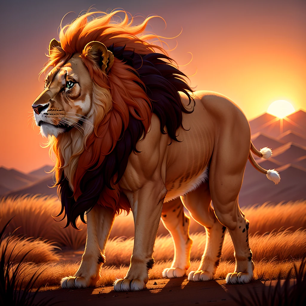 A majestic and regal lion, its golden mane flowing in the wind as it prowls through the tall grass of the savannah. In the distance, the setting sun paints the sky in shades of fiery orange and deep purple, casting a warm and welcoming glow across the African landscape.