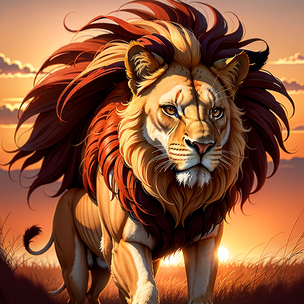 A majestic and regal lion, its golden mane flowing in the wind as it prowls through the tall grass of the savannah. In the distance, the setting sun paints the sky in shades of fiery orange and deep purple, casting a warm and welcoming glow across the African landscape.