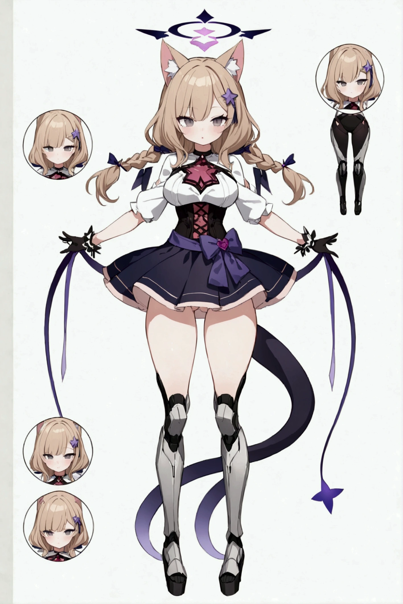 woman 170 cm tall, medium chest, wide hip, slim build, charming look, ((whole body)), (((character design sheet: front view))), (dark blonde hair), ((hip length wavy hair, asymmetrical bangs, star hairpin)), (She has a short braid tied with an elegant purple ribbon on the left side of her hair above her chest), (She has a short braid tied with an elegant purple ribbon on the right side of her hair above her chest), She has small hair bows in the back of her hair), ((Gray eyes with a pink 4-pointed star in the pupil)), (Two black and purple fox ears located on the top of the head), (Luminous black horizontal halo with purple star patterns above head), He has a black collar with a heart emblem on his neck., (Elegant long one piece dress, Thigh-length lace and ruffle skirt, large bow at the back of the hip, ribbon decorations and star patterns on the dress), black ruffled gloves, Black platform heels, gray belt at the waist with a large ribbon with a luminous pink heart in the middle, ((It has a detailed succubus tail that ends in the shape of a purple heart)), (((It has complex mechanical legs that reach up to the thighs and are black with small purple details.))), beautiful detailed hair, beautiful detailed dress, extremely detailed arms, extremely detailed face, small face, Beautiful detailed eyes, beautiful detailed lips, adorable, extremely detailed legs, (Best Quality, 4k, high resolution), ultra detailed, Exquisite and epic character art, ((White background)), (Focus on symmetry).