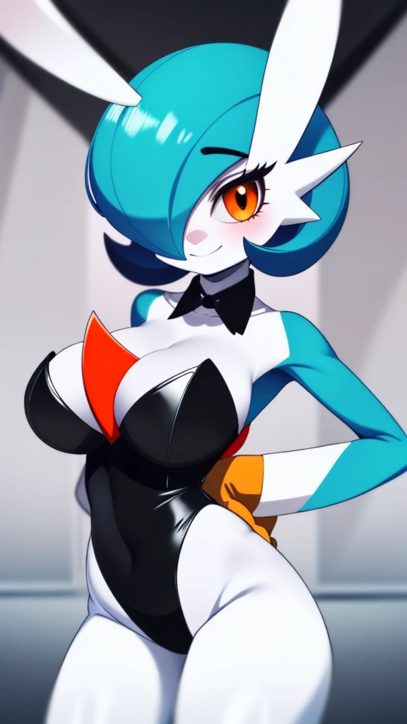 SeaArt, best_quality, 1 girl, solo, gardevoir, creatures \(company\), freak game, Nintendo, pokemon, pokemon \(game\), bangs, colored skin, female focus, Pokemon Gen 3, blue hair, blue skin, hair over one eye, multicolored skin, pokemon \(creature\), orange eyes, short hair, two-color skin, white skin, large breast, playboy bunny, black leotard, smile.