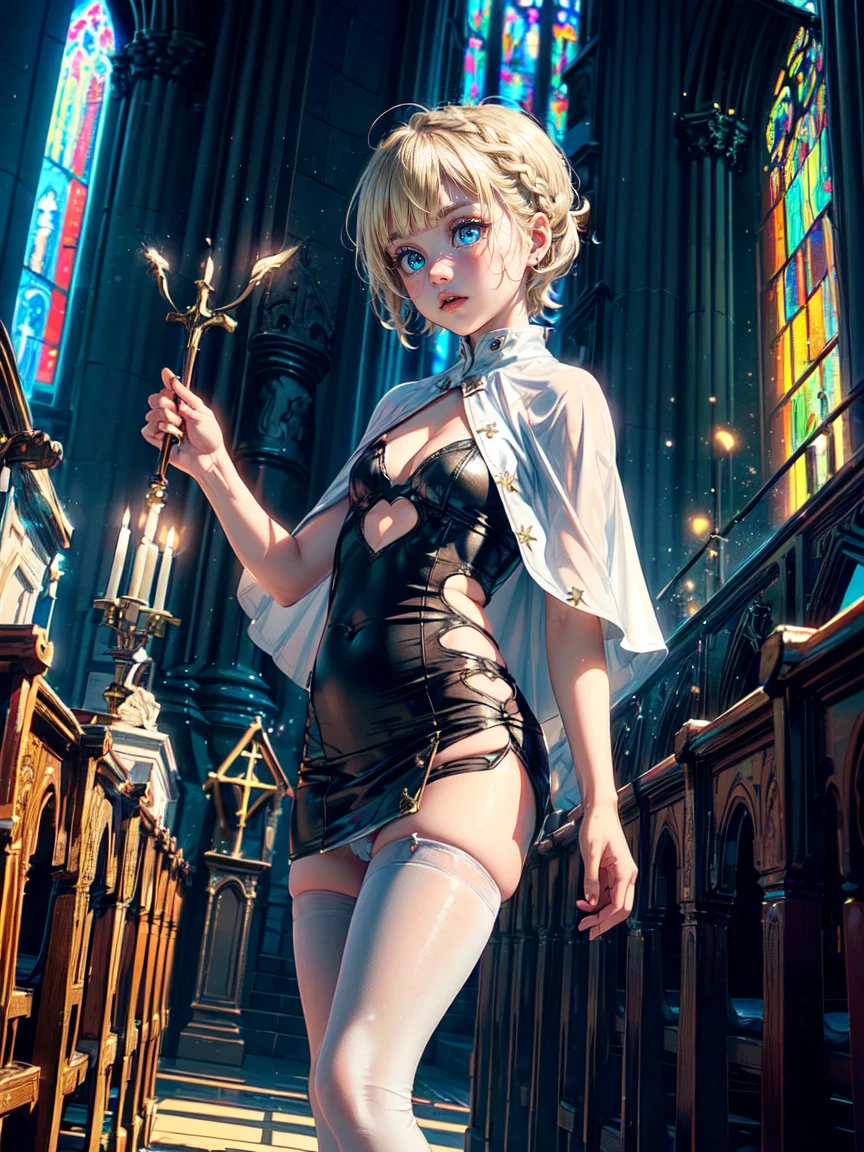 (((Midnight inside the cathedral:1.4))), masterpiece, best quality, ultra-detailed, high resolution, extremely detailed cg, beautiful detailed eyes, depth of field, perfect anatomy, super detailed skin, cinematic lighting, dynamic lighting, anime picture, shiny hair and skin, detailed outfit, No mosaic, ((feet out of frame, close to viewer)), ((( a little young girl and solo1, 8years old:1.4))), (sexy model), ((afterglow)), (((blonde hair, Braided hair:1.2))), (beautiful detailed blue eyes), white-skinned, (((short stature and 8years old, age little young girl body shape, young face, cute face, small breasts, slim:1.3))), (orgasm), pigeon toed, ((Pure white silk knight, paisleye mbroidery, White and battle dress, white capelet, cleavage cutout, see-through waist skirt, White knee-high stockings:1.2))