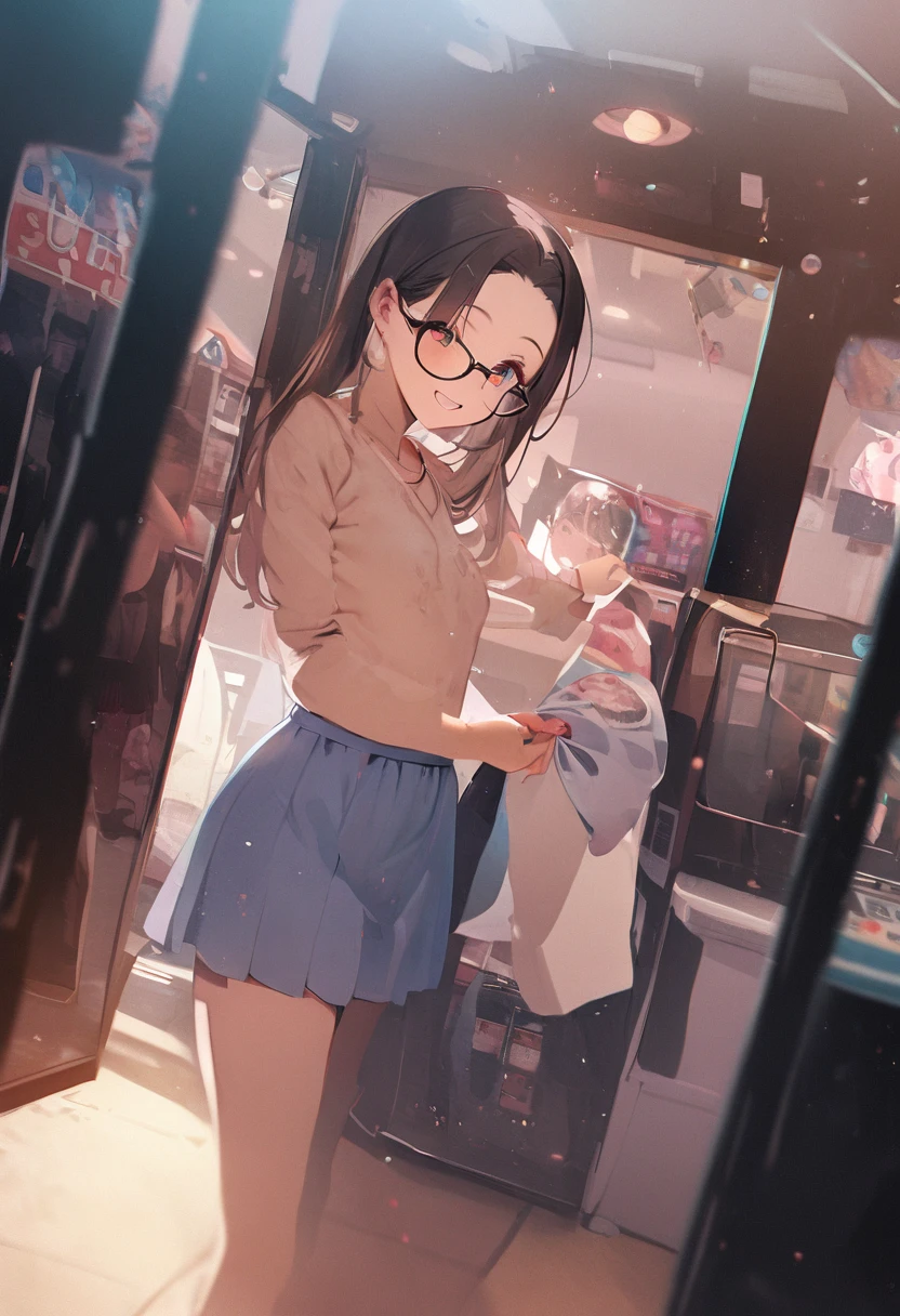 Showing panties、arcade、game machine、Game bench、UFO Catcher、Purikura、Date、Fashionable glasses、forehead、mini skirt、Girl、Girl、Short、Younger、、Baby Face、flat ch、Dynamic Angle、masterpiece、best quality、ultra-detail、There are customers around、I'm making a mess、Clothing