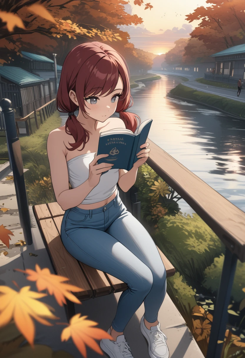 Best quality, masterpiece, from above, stoic young woman with gray eyes sitting on bench and reading book, dark red hair in low twin tails, swept bangs, strapless white shirt, jeans, satchel, toned arms, small breasts, creek, outdoors, autumn, sunrise, tropical, clouds,teal buildings, white steps, fence, road, people in background, falling leaves, 