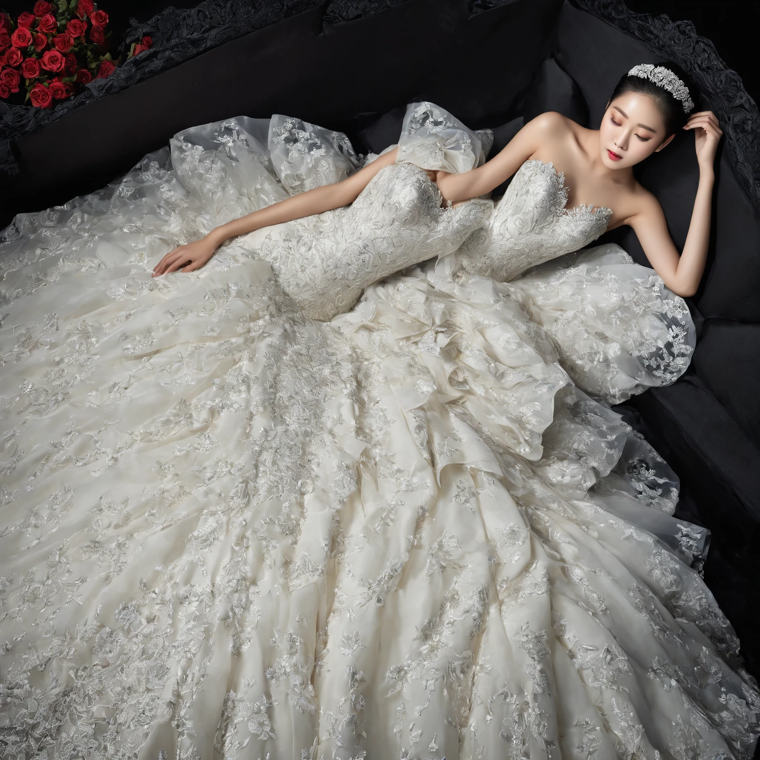 In a striking 8K HDR scene, a stunning Korean woman, 22 years old, lies peacefully in a black coffin surrounded by plush pillows. The deep box is set against a rich black background, accentuating the beauty of the subject. Her exquisite deep-V neckline ba11lgown attire is embroidered with superb detail, see-through wedding dress with flower-shape lace, showcasing her round and firm breasts, perfect cleavage, and beautiful eyebrows. Her closed eyes and mouth give an air of serenity, while her visible and absolute cleavage leave nothing to imagination. The scene is bathed in saturated colors, highlighting every intricate aspect from the ball skirt to her clean face, straight body, detailed hand perfect hands, straight body, own hands together, own hand on stomach, detailed hands, perfect hands.