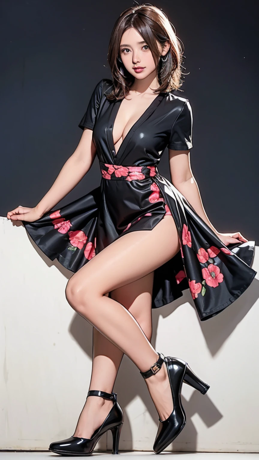 ((midnight, Need, 8K, tmasterpiece:1.3)), A whole body, Full body like，thin very long legs, Focalors:1.2, Plump body，standing on your feet，full bodyesbian，Waist leg ，Hold your  tall，perfect figure beautiful woman:1.4,((Dark brown hair, huge :1.2 )), (low , deep v ，blackstockings，shift dresses，Floral dress，，White sneakers), ((ice cave, Ice World，Oyuki))，Highly detailed facial and skin texture, A detailed eye, 二重まぶた，wears glasses，crisp ，Smile with，Bigger , bob hair，crisp ，Get wet，Sweat profusely，Red lips，Hot dance，Large bust，huge ，wearing a choker，Wear earrings，Noble beauty，