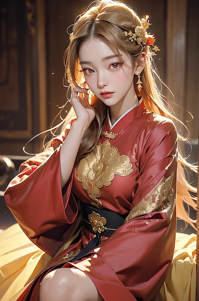 1 Girl, Solitary, (((Gold and red dress))), Flowers, Jewelry, Long sleeve, Wide sleeves, Chinese clothes, Hanfu, embroidery, Long skirt, Flowing long hair, Delicate face, Detailed beautiful eyes, (complex:1.3), (Arcane Aura:1.2), (Like a dream:1.3), (Fine mist:1.1),(Vibrant colors:1.2), (Detailed hair:1.3), (Ultra-realistic details:1.5),
