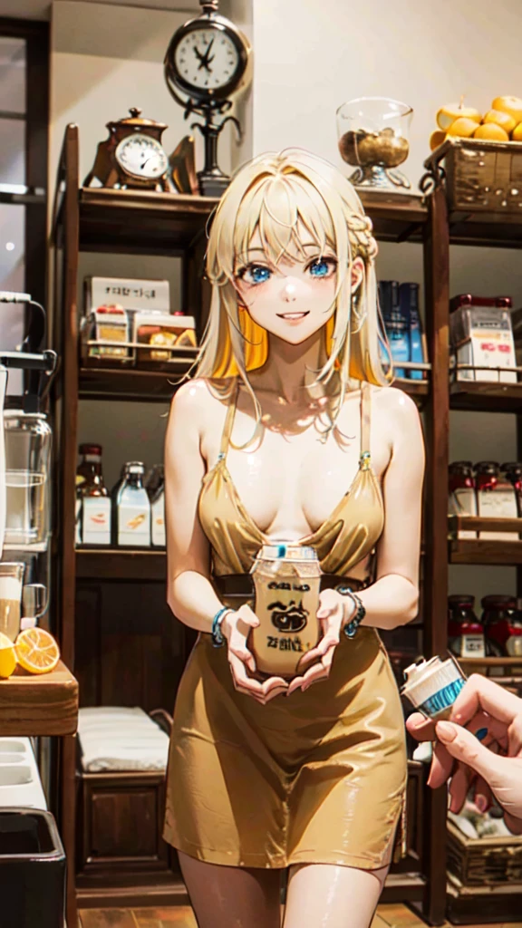 fruitG, (Fruit milk), CofeeG, (coffee milk), blurry, bottle, indoors, blurry background, pov, depth of field, holding, pov hands, food, drink, SD1, scenery, calendar (object), clock, table, chair, indoors, lamp, box,, ultra detailed, masterpiece, best quality, aesthetic, detailed,, solo, soft smile, light smile,
1girl, blue eyes, very long hair, blonde hair, long blonde hair, french braid, bangs, medium breasts,