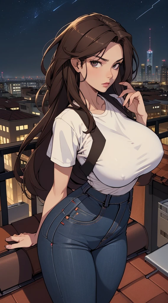 ((Midnight, Best quality, 8k, Masterpiece :1.3)), Whole body, Long legs, Sharp focus :1.2, A pretty woman with perfect figure :1.4, Slender abs :1.1, ((Dark brown hair,Gigantic breasts :1.2)), (White tight tshirt, Jean bib, Standing:1.2), ((Night city view, Rooftop:1.3)), Highly detailed face and skin texture, Detailed eyes, Double eyelid