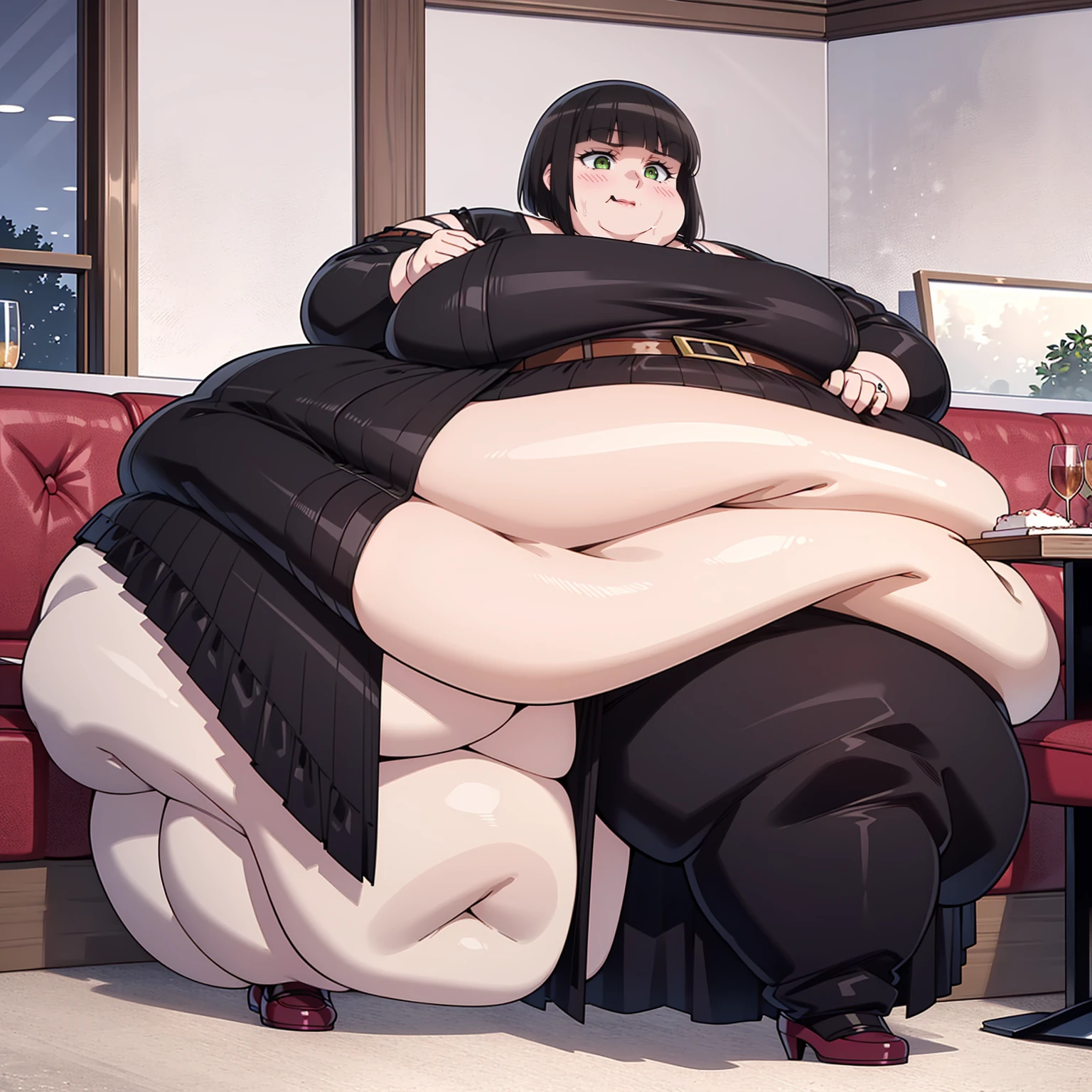 1 girl in, baby, , blushing, short hair, short black hair, short black dress,, in a restaurant, SMILE, gordo, very fat, Morbid obesity, extreme extreme obesity, immonile obese, obese, Extreme fat mass, cara obese, muslos very fats, swollen fat legs, detailed perfect hands, big fat belly very swollen, obese weight, still weight, ssbbw, ssbbw, motionless fat woman, obese weight, still weight, WeightChubby, PesoObeso, WeightImmobile,