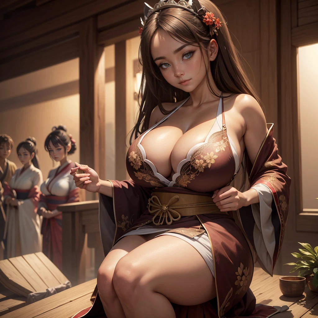 Highly detailed CG unit 8K wallpaper, masterpiece, High resolution, highest quality, highest quality real texture skin, Super Real, Digital Painting, Best image quality, 最High resolution, 8K, Very beautiful ager, ((Highly detailed eyes and face)), Beautiful eyes every detail, Full Body Shot, Dazzling, オフショルダー, kimono, japanese dress, chinese style embroidery, ((disproportionate breasts, huge breasts, sagging breasts:1.5, Cleavage:1.5, gigantic breasts, Saggy breasts, Gravity-dependent breasts, Heavy chest, long chest, Heavy chest)), erect nipple, (((tanned skin, brown skin, dark skin, sideboobs))), slender, smile, grin, Strong winds, typhoon, light brown hair,