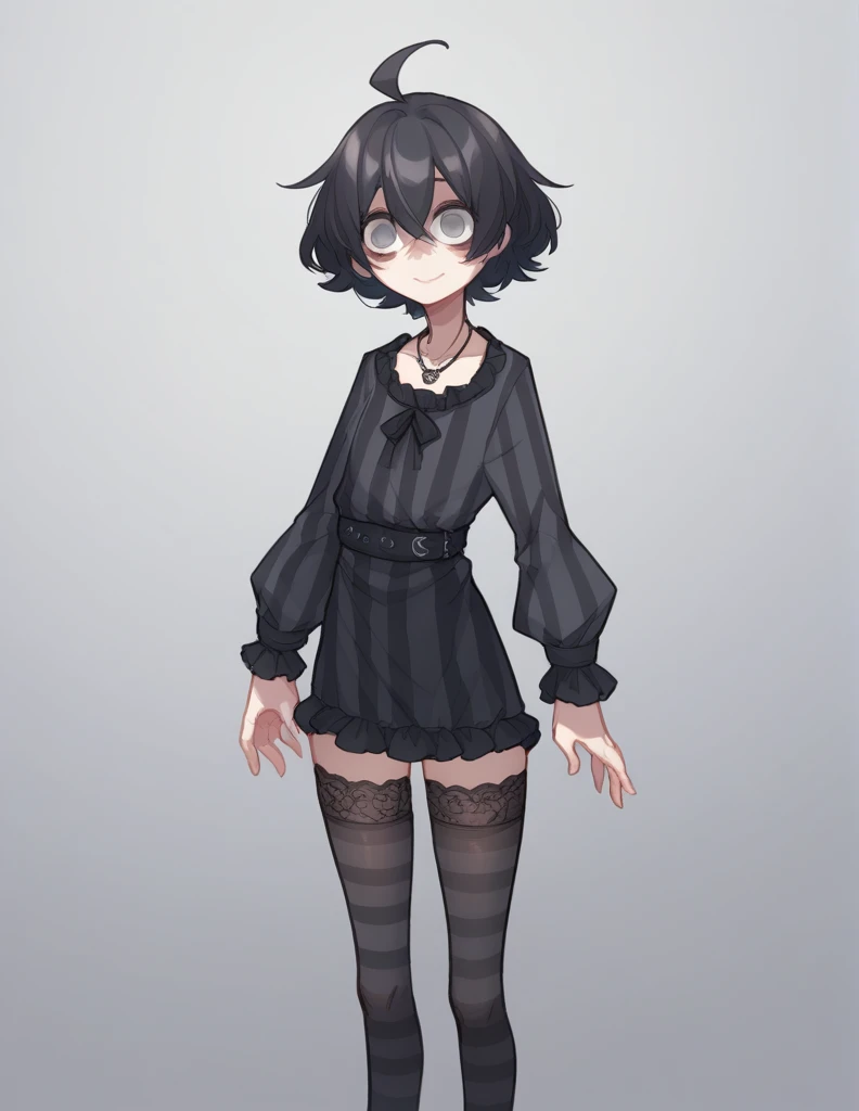 1 girl, alone, ppka, black fur, short hair, messy fur, Ahoge, parts, parts por todo el cuerpo, grey eyes, empty eyes, blind, nervous, slight smile, cute look, gothic, short dress, fitted dress, long sleeve dress, light gray dress with black stripes, horizontal striped dress, Thigh High Stockings, super long stockings, Transparent stockings, pantimedias, pantiTransparent stockings, black necklace, gothic, shadows in the eyes, black shadows