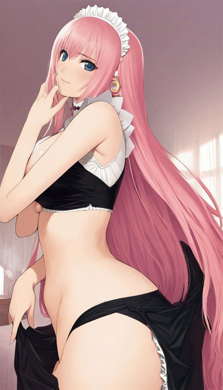 nsfw:1.1,Masterpiece:1.1,Detailed and beautiful depiction 1.1,Official Art,Beautiful adult woman ,Megurine Luka,Pink long hair,blue eyes,Large Breasts,Erotic smile temptation,Maid clothes,Embarrassed, she lifts her skirt to reveal her black shorts,Black Bra,Show your vagina,bedroom