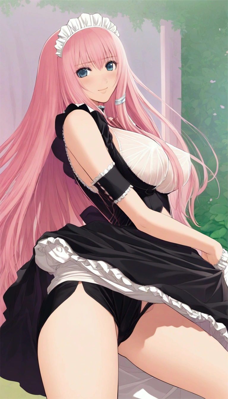 nsfw:1.1,Masterpiece:1.1,Detailed and beautiful depiction 1.1,Official Art,Beautiful adult woman ,Megurine Luka,Pink long hair,blue eyes,Large Breasts,Erotic smile temptation,Maid clothes,Embarrassed, she lifts her skirt to reveal her black shorts,Black Bra,Show your vagina,bedroom