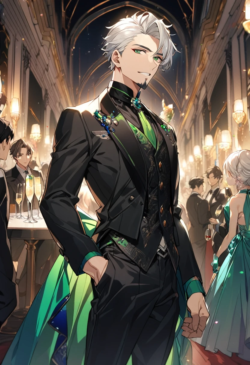 1 boy, male focus, Intricate details, 1 man, handsome, white hair, vibrant green eyes, slim muscles, anime, 19 years old, 19 years old, a small goatee,(the character is wearing an elegant black suit, inside a high class party, he would be with a thin glass of champagne)
)