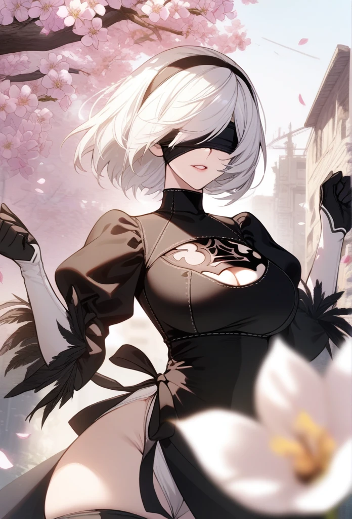 masterpiece, best quality, very aesthetic, absurdres, 1girl, mature_lady, ,2b_(nier:automata), nier:automata, nier_(series), 1girl, short_hair, white_hair, covered_eyes, black_blindfold, black_hairband, hairband,,surrounding by flowers,falling_petals, outdoors, petals,,,blur background,background defocus,floating hair,