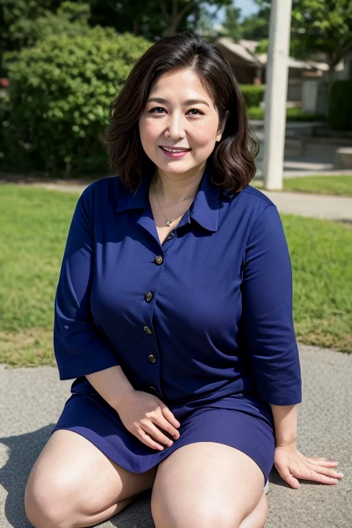 Aunt in Osaka、Organic Photography、best quality、masterpiece、Ultra-high resolution、Beautiful old lady、50 years old、Elegant face，Smile，Wear a business shirt，Short skirt，Huge sagging chest contour，Wavy Hair、Real skin texture，sideways，Revealing smooth and plump thighs，Playground background，Background blur