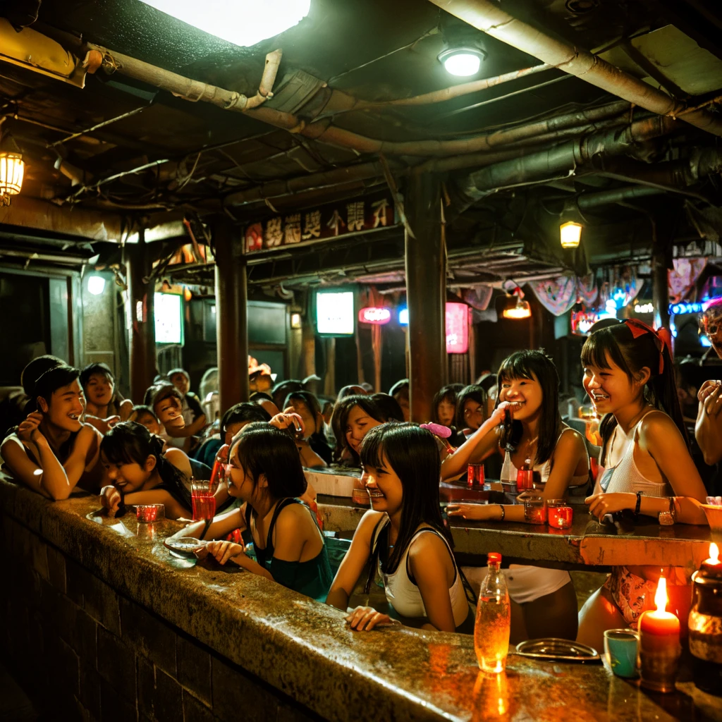 (masterpiece、Highest quality)、(Photorealistic photography)、Single image、1 picture、(日本のUnsanitary and dim地下街、Nostalgic and fantastic night view、middle School girls3People and above、Standing Bar)、(Beautiful night view、Living Style)、(Showa style、Japan favelas、Old and dirty hot spring town)、((Big bath、Underground hot spring facilities、stage))、(middle School girls3People and above、水着を着た女の子3People and above、Tank top、Panties、smile、fun)、((Unsanitary and dim))、Shady Red Light District、shaved ice、Sale of drinks、(stage、Everyone is having fun bathing)、smile、Happy schoolchildren、Perfect Anatomy