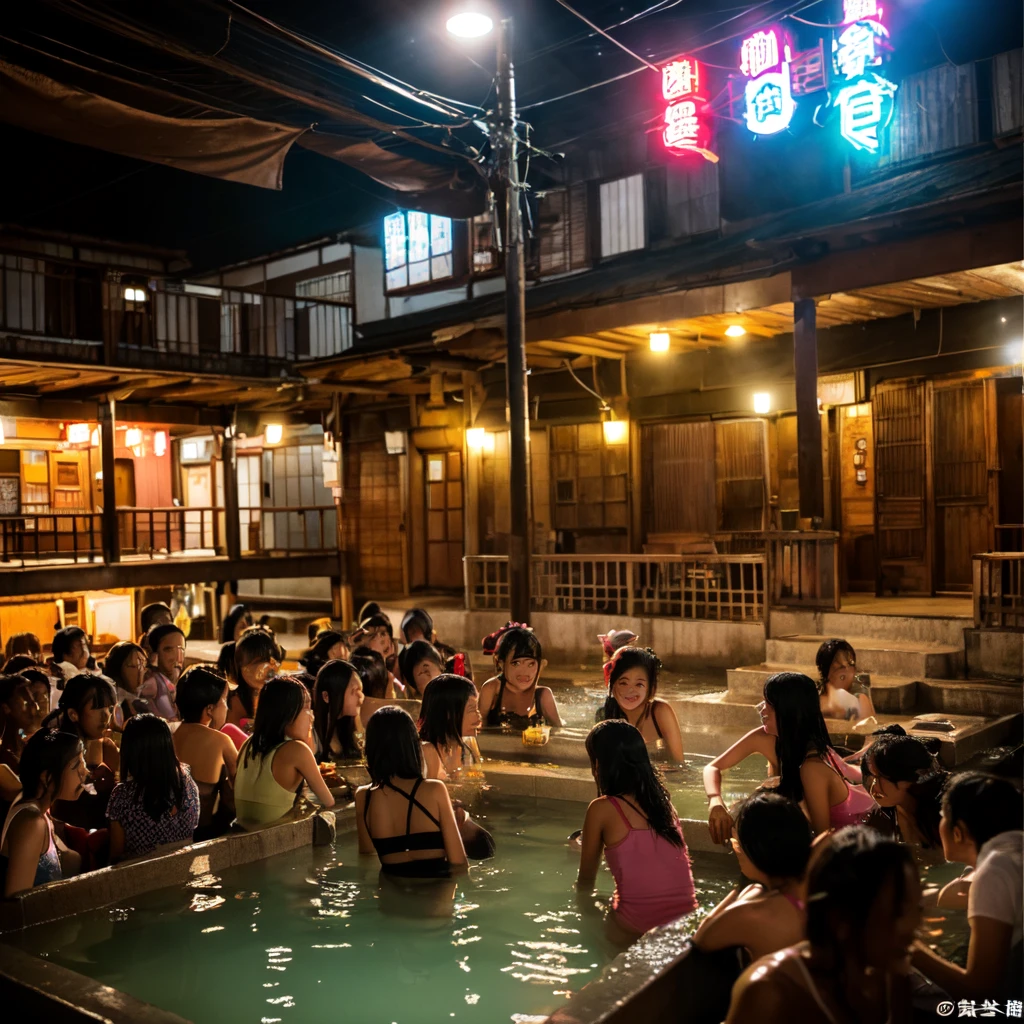 (masterpiece、Highest quality)、(Photorealistic photography)、Single image、1 picture、(日本のUnsanitary and dim地下街、Nostalgic and fantastic night view、middle School girls3People and above、Standing Bar)、(Beautiful night view、Living Style)、(Showa style、Japan favelas、Old and dirty hot spring town)、((Big bath、Underground hot spring facilities、stage))、(middle School girls3People and above、水着を着た女の子3People and above、Tank top、Panties、smile、fun)、((Unsanitary and dim))、Shady Red Light District、shaved ice、Sale of drinks、(stage、Everyone is having fun bathing)、smile、Happy schoolchildren、Perfect Anatomy