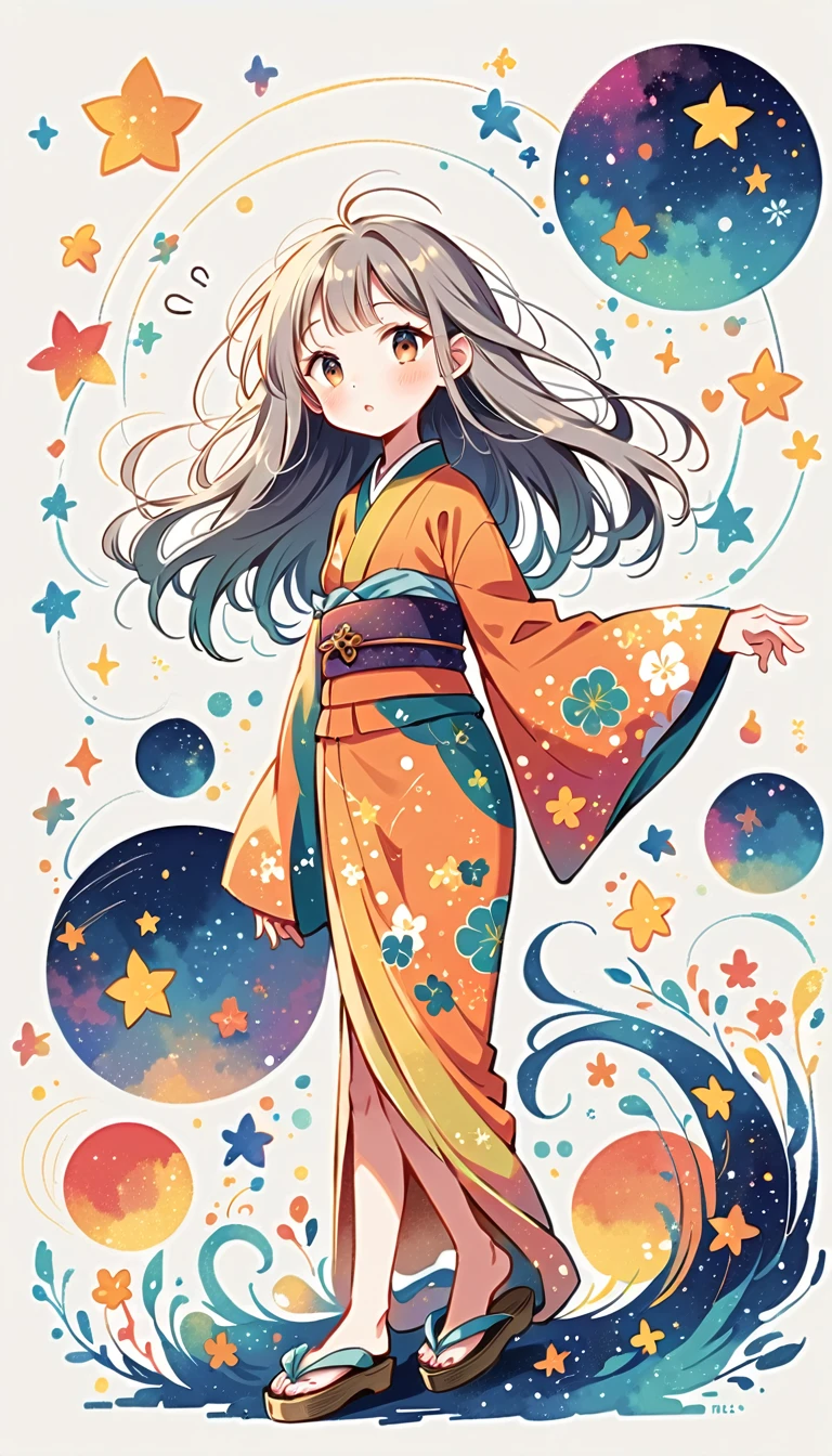 white background, Fujichoco style, kimono, gray hair, window, star, nebula, simple background,Simple line initialism, 20 year old girl, pretty face, (((The Most Beautiful Girl))), full body,