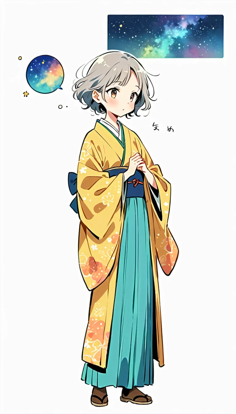 white background, Fujichoco style, kimono, gray hair, window, star, nebula, simple background,Simple line initialism, 20 year old girl, pretty face, (((The Most Beautiful Girl))), full body,