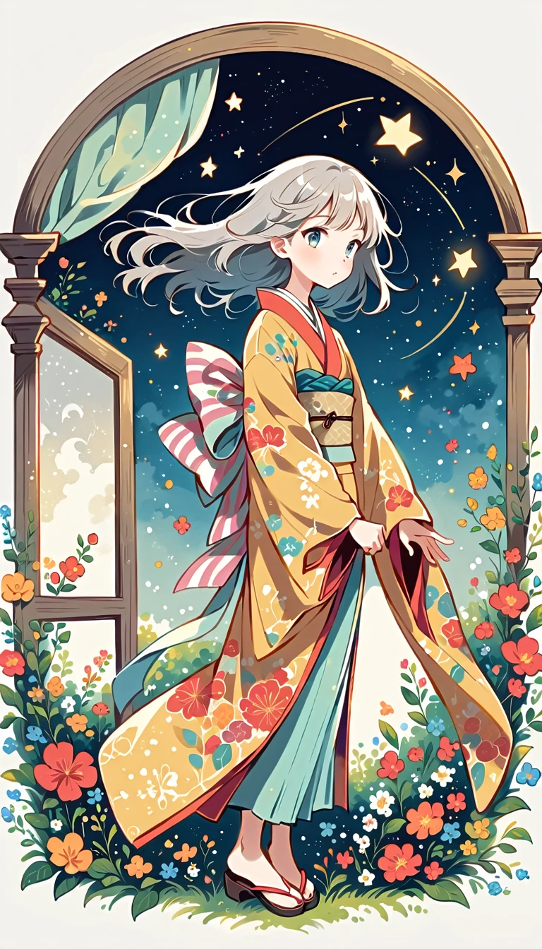 white background, Fujichoco style, kimono, gray hair, window, star, nebula, simple background，Simple line initialism, 20 year old girl, pretty face, (((The Most Beautiful Girl))), full body, 