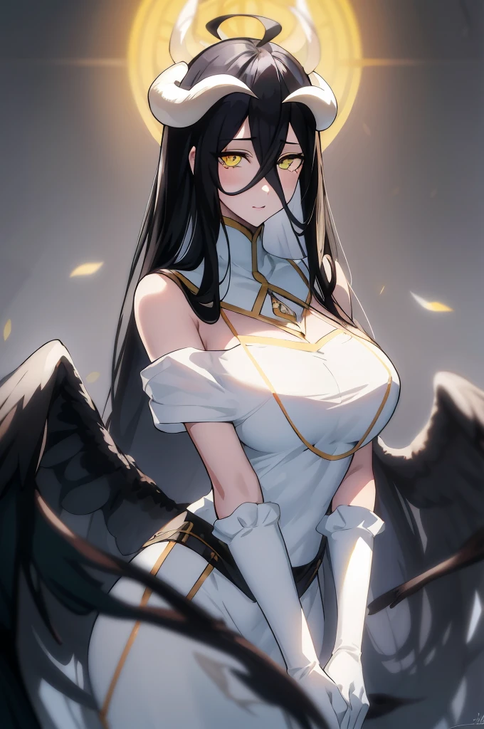 best qualityer, work of art, best animated, high resolution,
1 girl, standing alone, mature woman,  face detailed, detailedeyes, 
albedo, white gown, 1girl, 独奏, hip ventilation, whitegloves,
Ablaze light, Ablaze, detailed light, neckleace, sexly, medium breasts, ssmile, 
Bblack hair, hair between the eyes, yellow  eyes, whitehorns, ahoge, Black Wings, (low-winged:1.1),