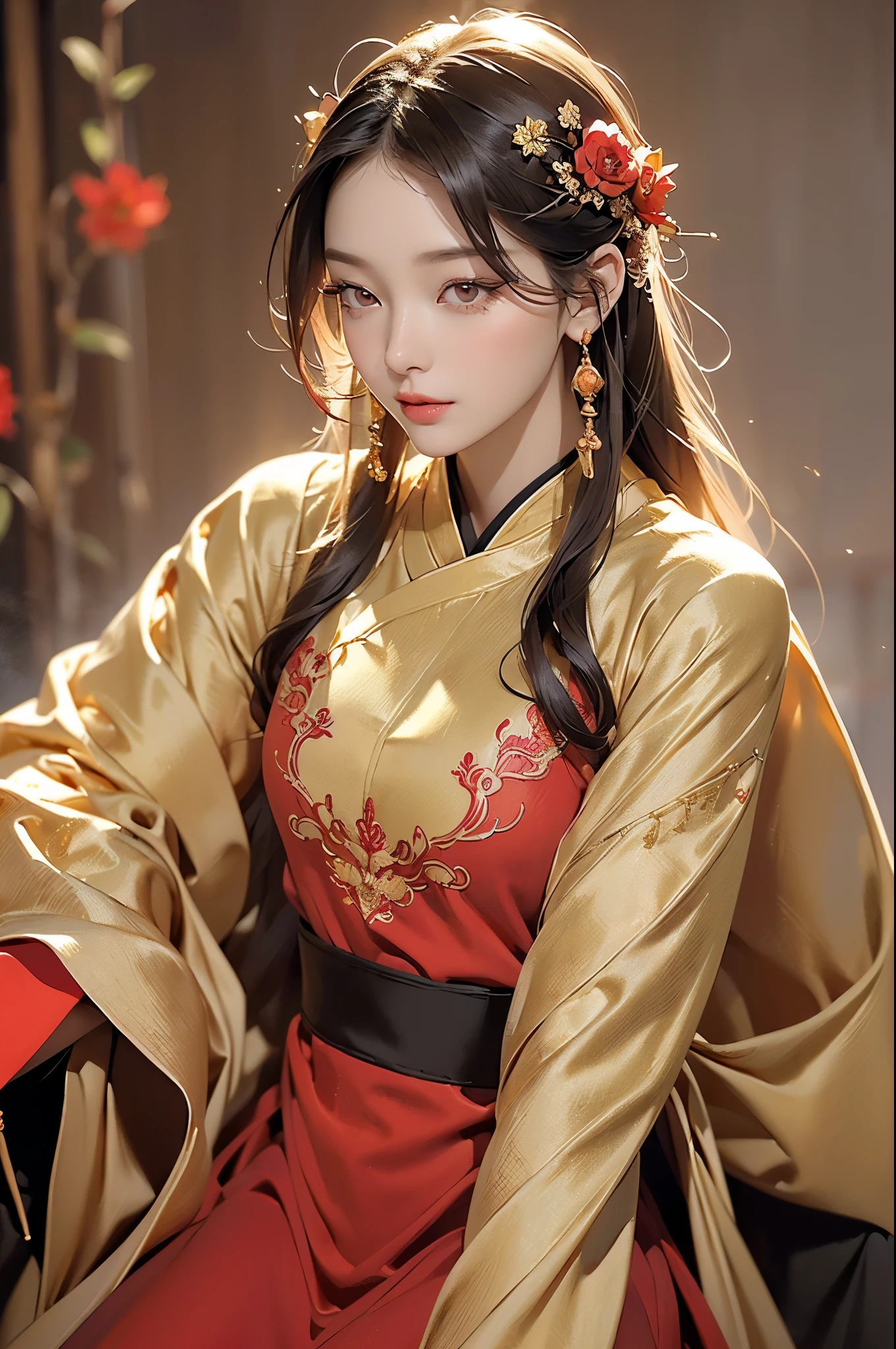 1 Girl, Solitary, (((Gold and red dress))), Flowers, Jewelry, Long sleeve, Wide sleeves, Chinese clothes, Hanfu, embroidery, Long skirt, Flowing long hair, Delicate face, Detailed beautiful eyes, (complex:1.3), (Arcane Aura:1.2), (Like a dream:1.3), (Fine mist:1.1),(Vibrant colors:1.2), (Detailed hair:1.3), (Ultra-realistic details:1.5), 