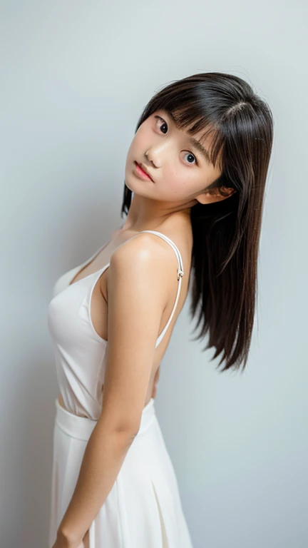 Lens: 135mm f1.8, (highest image quality), (beautiful 14-year-old Japanese girl), (moist lips), slender eyes, double eyelids, delicate collarbone, flat chest, short cut, (Let's look at it again), (close:1.4), Embarrassment, faint smile, (very bright lighting: 1.2), profile lighting, (school uniform, half-naked), (tanned skin: 0.2), full body photo, full body focus, front angle, studio with inorganic white walls