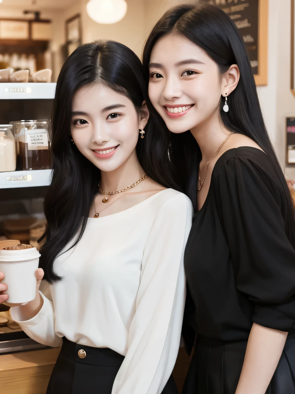 Two beautiful women standing side by side、、 smile、Beautiful teeth alignment、Black Hair、ear piercing、Necklace around the neck、Long sleeve blouse、The background is a coffee shop