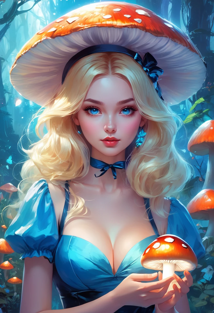 a beautiful 20 year old blonde woman with big messy hair in a blue dress, white stockings, black headband, cleavage, holding a glowing mushroom, fantasy art style, rossdraws cartoon vibrant, alice x. zhang, alice in wonderland cyberpunk, cute detailed digital art, colorfull digital fantasy art, digital fantasy art ), glossy digital painting, rossdraws pastel vibrant, rossdraws 2. 5, rossdraws 1. 0
