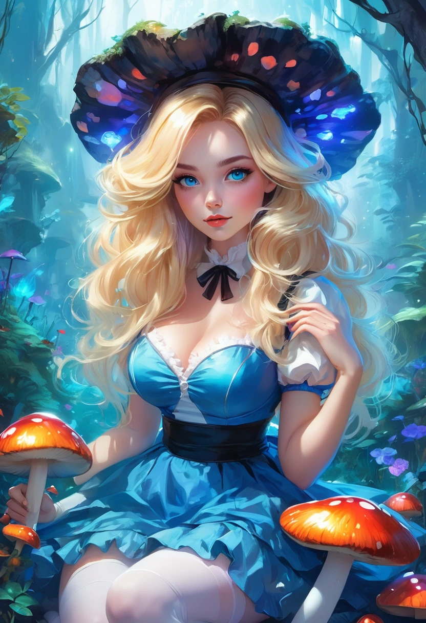 a beautiful 20 year old blonde woman with big messy hair in a blue dress, white stockings, black headband, cleavage, holding a glowing mushroom, fantasy art style, rossdraws cartoon vibrant, alice x. zhang, alice in wonderland cyberpunk, cute detailed digital art, colorfull digital fantasy art, digital fantasy art ), glossy digital painting, rossdraws pastel vibrant, rossdraws 2. 5, rossdraws 1. 0