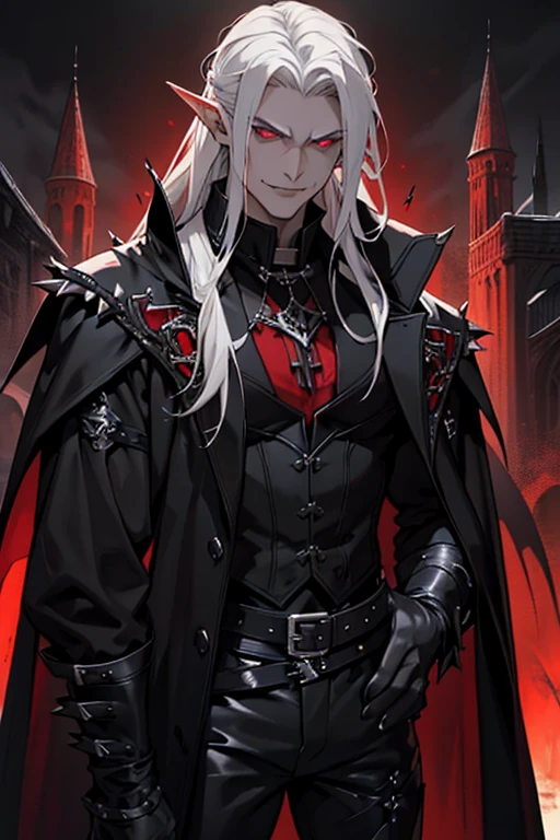 Masterpiece, Long silver haired, pale skin, black sclera and red glowing pupils, handsome face, Dhampir Ears, a big evil vampire smile with dimples and vampire teeth, black medieval style long coat, black leather pants, metal spikey boots, toned bulky muscles, dark gothic medieval themed, male, by himself standing in blood, all black clothing