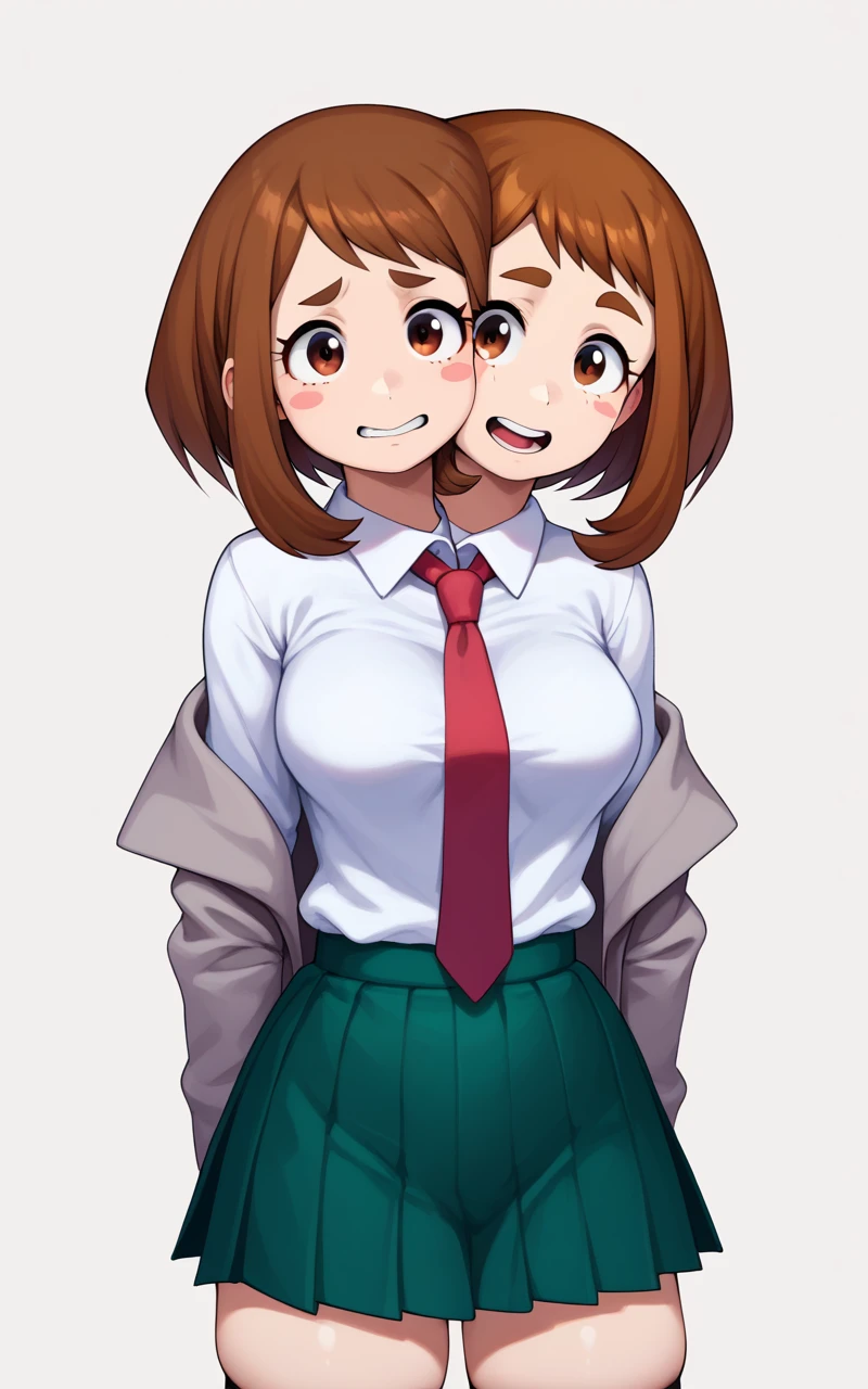 1girl, solo, two heads, conjoined, Uraraka Ochako, thick_eyebrows blush_stickers, brown_hair, brown_eyes, short_hair, sideburns, shiny hair, medium breasts, skindentation +++ :D  +++ u.a._school_uniform, grey_jacket long_sleeves, white_shirt red_necktie, mos green pleated_skirt, black stocking  Sky Kingdom, score_9, score_8_up, source_anime