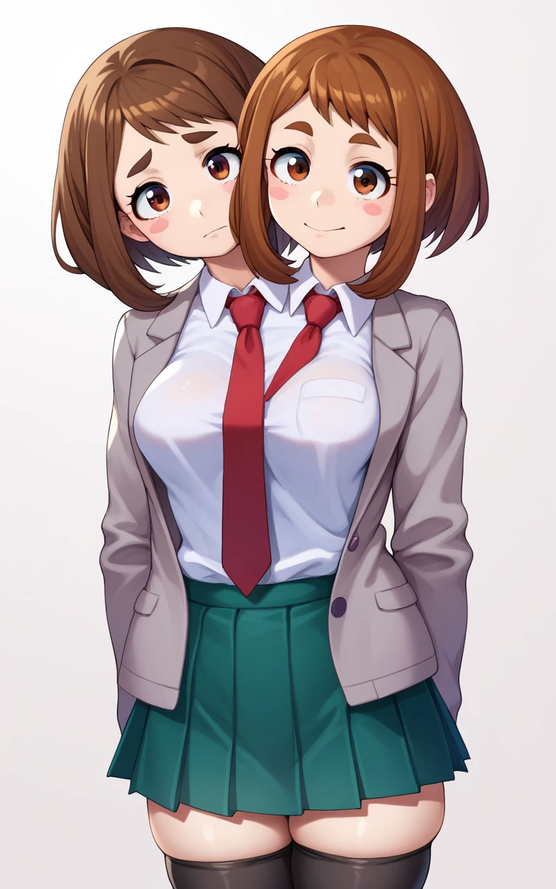 1girl, solo, two heads, conjoined, Uraraka Ochako, thick_eyebrows blush_stickers, brown_hair, brown_eyes, short_hair, sideburns, shiny hair, medium breasts, skindentation +++ :D  +++ u.a._school_uniform, grey_jacket long_sleeves, white_shirt red_necktie, mos green pleated_skirt, black stocking  Sky Kingdom, score_9, score_8_up, source_anime