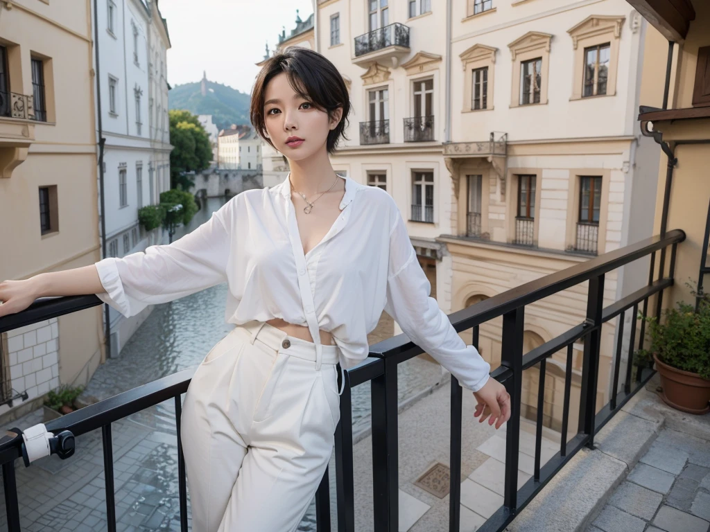 high quality, 1 woman, ((36-year-old healthy Korean woman)), ((36 years old)), 1 woman, ((slim)), ((short medium hair)), pose: standing, Myungpum brand white t-shirt that goes up to the neck, light trench coat, casual pants, background:Your residence is a baroque townhouse with a plaster façade and wrought iron railings.., Overlooking the Salzach River and Hohensalzburg Fortress, 1 woman