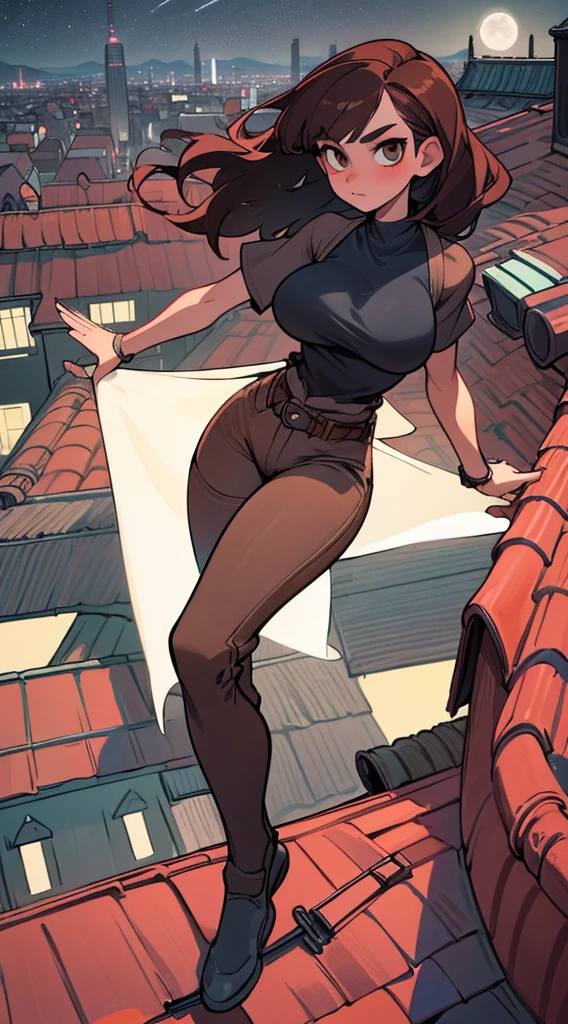 ((Midnight, Best quality, 8k, Masterpiece :1.3)), Whole body, Long legs, Sharp focus :1.2, A pretty woman with perfect figure :1.4, Slender abs :1.1, ((Dark brown hair,Gigantic breasts :1.2)), (White tight tshirt, Jean bib, Standing:1.2), ((Night city view, Rooftop:1.3)), Highly detailed face and skin texture, Detailed eyes, Double eyelid