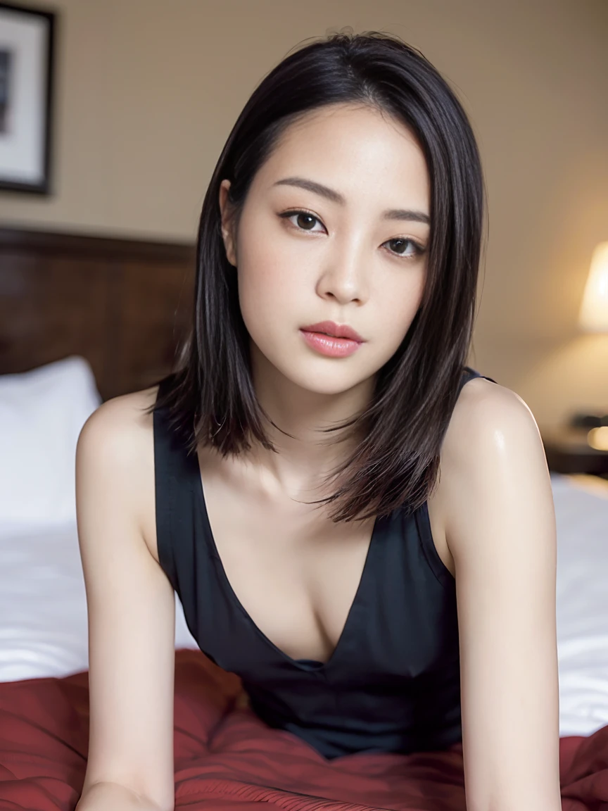 (masterpiece:1.2), Very detailed, Ultra-high resolution, (Realistic, photo Realistic:1.6), High-resolution RAW color photos, Professional photos, Dramatic lighting, 映画のFunctionalなシーン、Sharp focus:1.2, (Very detailed顔と肌の質感, Very beautiful eyes, Glossのある肌, Glowing Skin, Glowing Skin, Shining Face, Gloss, Oily skin, greasy face, Oily skin, greasy face, 強いGloss), Perfect Anatomy, Very detailed背景, 1 female, 25-year-old woman, Japanese women,Height: 168cm, (Short Bob Hair, Straight hair, bangs:1.3, Brown Hair), (Lean:Weight 1.0), (Flat Chest:1.9),(Slender legs:1.4)、(((dim:1.4)),(((Hotel Bedroom))), (((Crawling to the side)))), (((Spread your legs))),Thighs、(Erotic), ((Functional)), ((Glowing Skin))、 ((Intense sex))),Face asking for a kiss