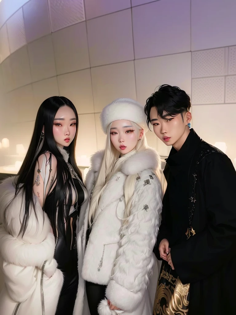 three people posing for a picture in a white fur coat, ava max, ulzzang, profile pic, korean artist, yanjun chengt, xision wu, nixeu and sakimichan, leaked image, lv, jia, kda and sam yang, 8k)), #oc, # oc, luts, with long white hair