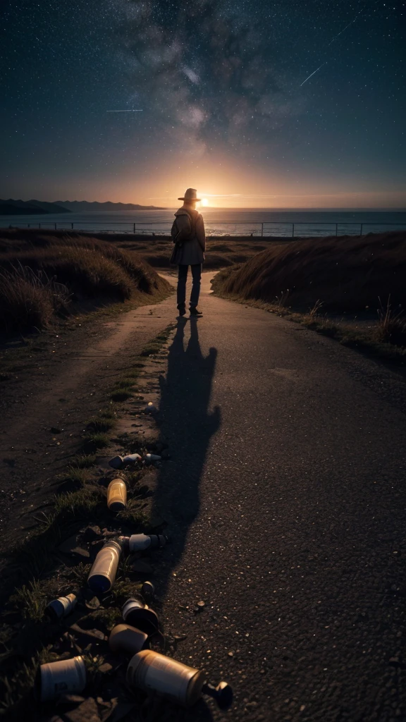 Under a starry night sky, a lone figure looks out a window, accompanied by the shadow of someone absent, symbolizing nostalgia and doubt. A path that crumbles from this point leads to the center, where a figure surrounded by empty bottles expresses regret and pain for past mistakes. to the right, two paths cross under the same starry sky: a figure advances looking back, symbolizing acceptance and hope for a reunion. on the horizon, a rising sun and a setting sun meet, with a figure saying goodbye, marking the end with affection that lasts.