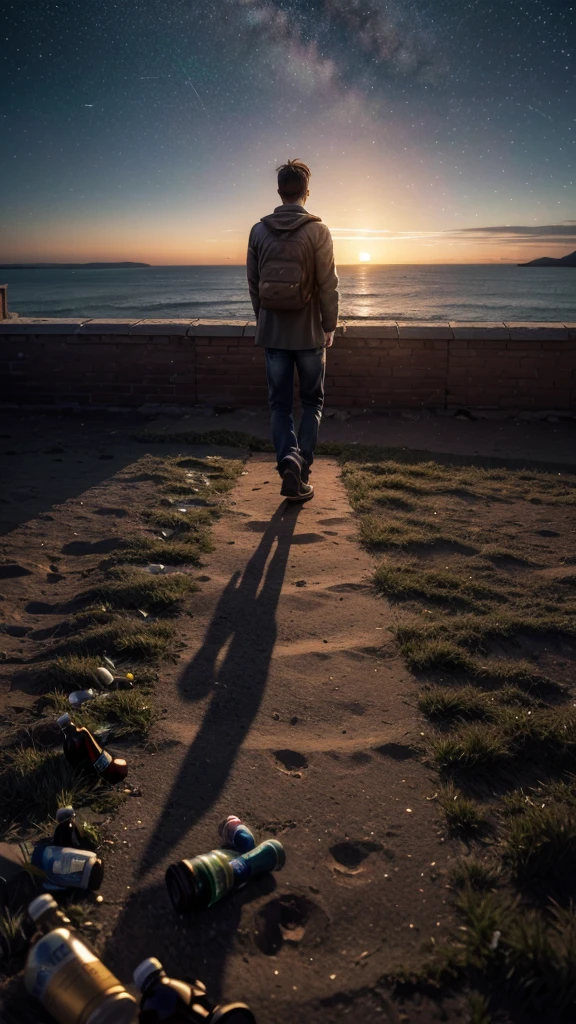 Under a starry night sky, a lone figure looks out a window, accompanied by the shadow of someone absent, symbolizing nostalgia and doubt. A path that crumbles from this point leads to the center, where a figure surrounded by empty bottles expresses regret and pain for past mistakes. to the right, two paths cross under the same starry sky: a figure advances looking back, symbolizing acceptance and hope for a reunion. on the horizon, a rising sun and a setting sun meet, with a figure saying goodbye, marking the end with affection that lasts.