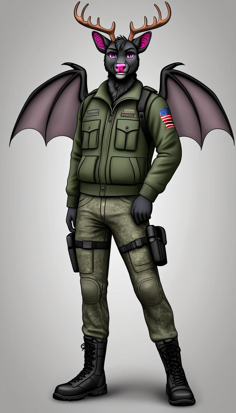 Furry, Male Anthro Bat, (((black fur))), pink eyes, pink nose, 4k, ultra high quality, detailed face, detailed body, detailed picture, detailed fur, wings, deer antlers, stand, smile, (((Species; Bat))), Field Jacket, tactical boots, tactical pants, ballistic chesplate