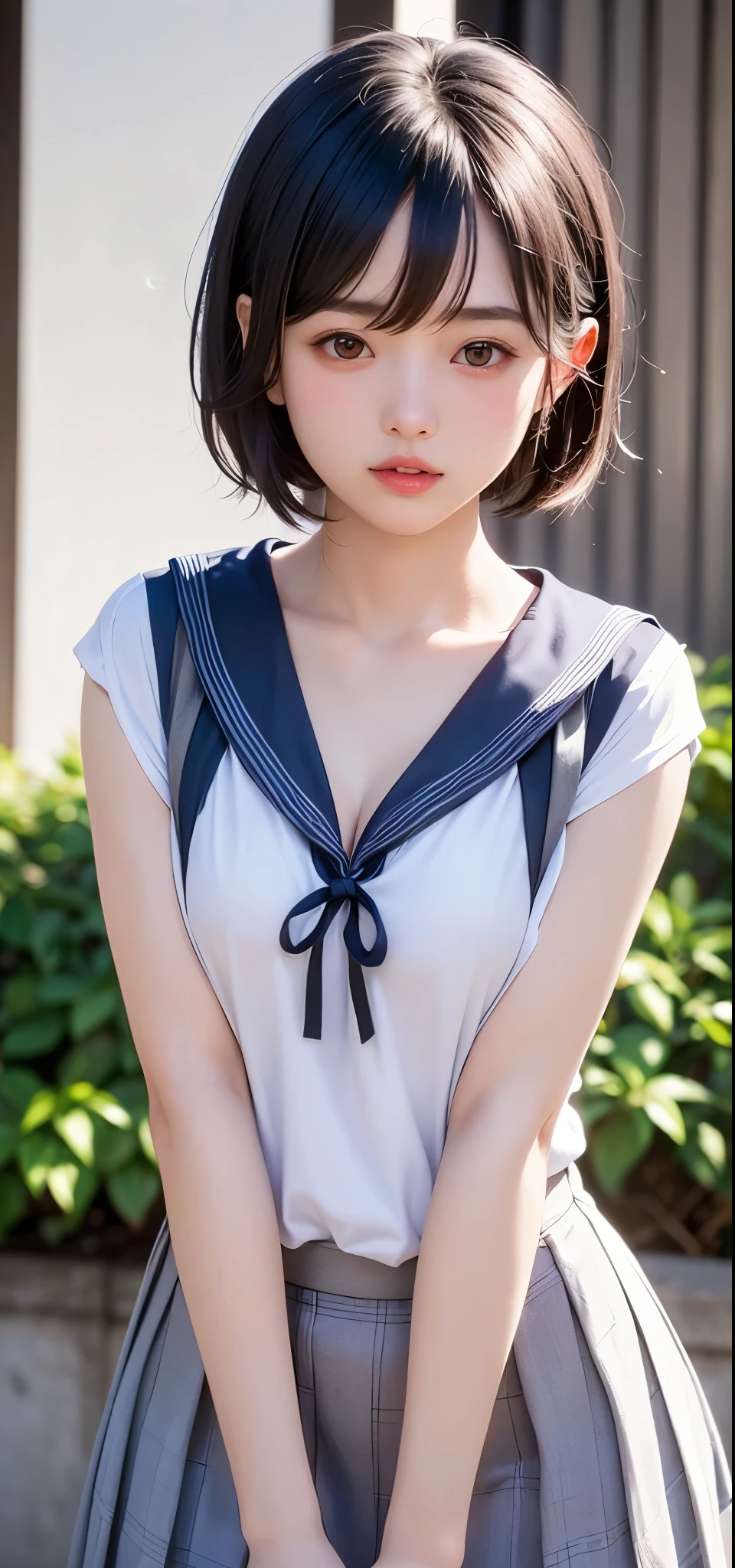 (1 nogizaka girl,15years old face,raw photo,photo realistic:1.5),(best quality, high quality,HDR, highest quality,ultra high resolution,high resolution,high res,ultra high difinition,huge file size,8K,2K wallpaper,8K wallpaper,high quality texture,amazing,an extremely delicate:1.4),one girl, Japanese famous idol,cute face,small face,absurd,ridiculous,incredibly ridiculous,blurry background,(school uniform,sailor suit,short hair,cleavage,no makeup:1.2),medium skin,beautiful skin,detailed skin,black hair,silky hair,black eyes,Japanese nose,5-fingers,(Light Particles, Lens Flare, Luminous Particles: 0.7),looking at viewer,small hands,bright lighting,professional lighting,girl