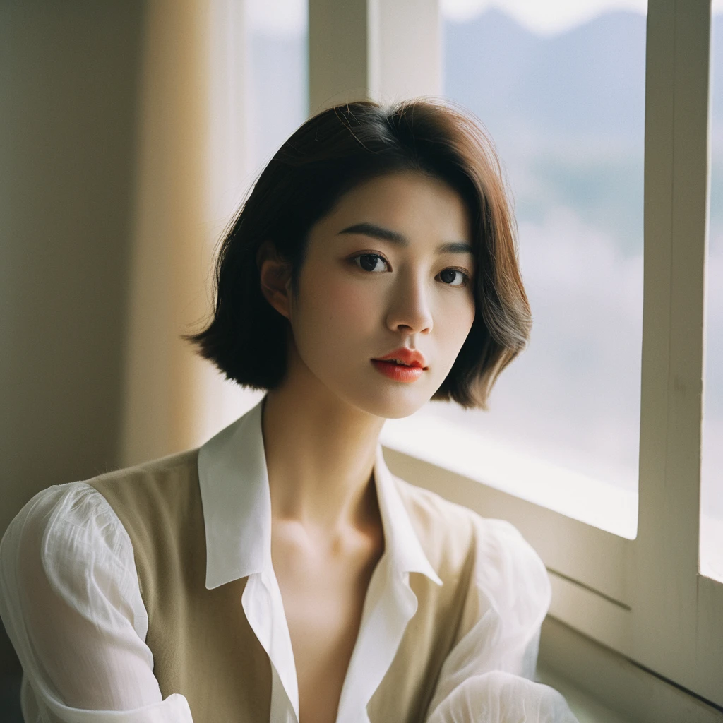 Closeup candid portrait photo of a young artistic Korean woman, retro-futuristic, still from the film, ((solo)), (Anne Hathaway look alike face: 0.9), sitting by the window, sunlight beams on her face, soft romantic lighting, summer day, Leica SL3, Summicron-SL 75 f/2 ASPH, kodak gold 200 film, bare shoulder, dynamic action pose,