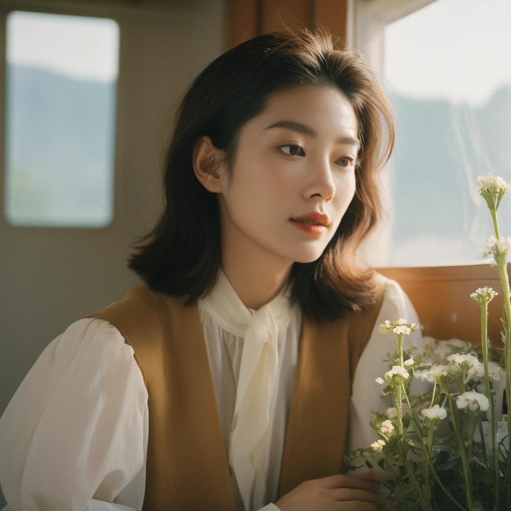 Closeup candid portrait photo of a young artistic Korean woman, retro-futuristic, still from the film, ((solo)), (Anne Hathaway look alike face: 0.9), sitting by the window, sunlight beams on her face, soft romantic lighting, summer day, Leica SL3, Summicron-SL 75 f/2 ASPH, kodak gold 200 film, bare shoulder, dynamic action pose,